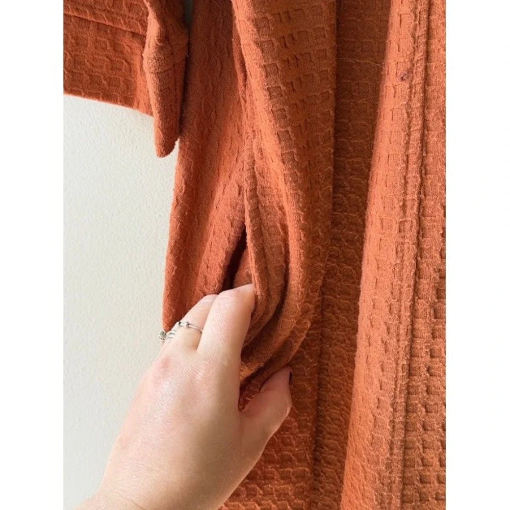 Waffle Knit Joy Women L Rust Orange Robe Open Front Textured Pockets Lounger - Picture 6 of 9